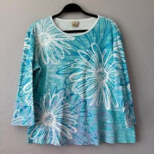 Jess & Jane USA Water Daisy Blue White Floral Print Top XL Womens Cotton‎ Blend
